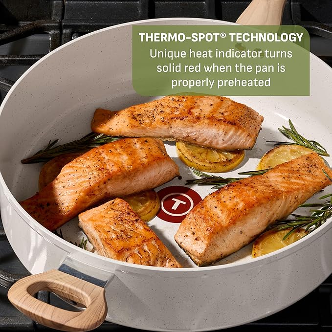 T-fal Revive Ceramic Nonstick Saute Frying Pan with Lid 6 Qt, Oven Safe to 350°F Cookware, Stay-Cool Handle Skillet, Ceramic Pots and Pans, Beige Granite