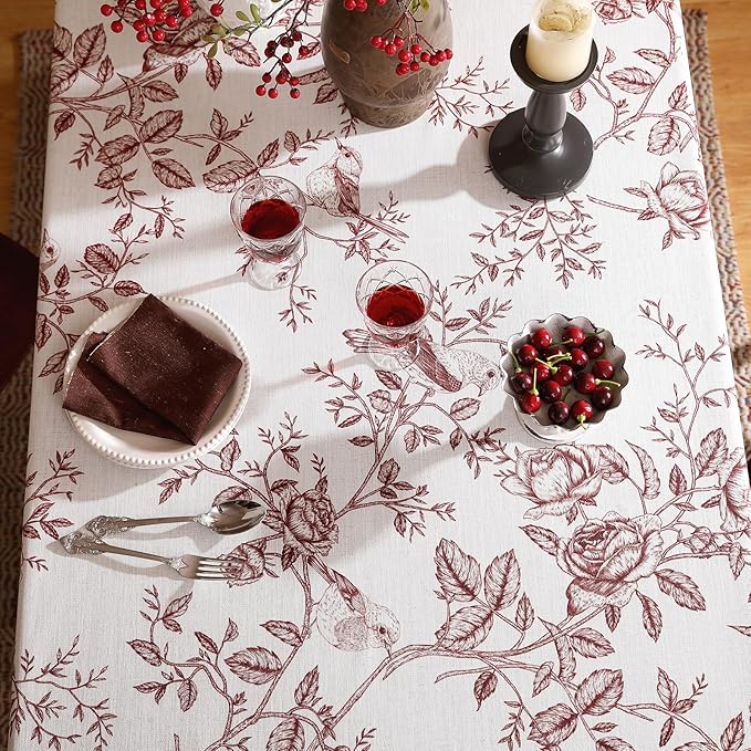 ISAENNE Designer Vintage Linen Small Rectangular Tablecloth,Red Floral Pattern Linen Stain Resistant Table Cloth,Decor Tablecloths for Dining Thanksgiving Kitchen Tea Party,55"*71"-Harmony