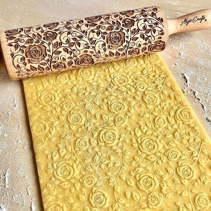 Rolling pin Damascus Roses Wooden embossing rolling pin with Rose Dough roller for embossed cookies Gift for Mom friend Cookies decoration