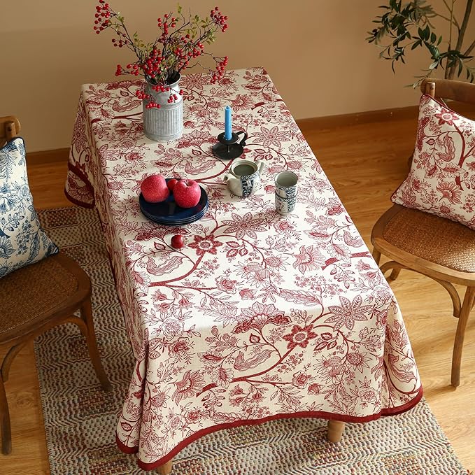 ISAENNE Designer French Linen Small Square Tablecloth,Red Floral Washable Indoor Table Cloth,Durable Home Decor Tablecloths for Dining Thanksgiving Kitchen Tea Party Christmas,55"*55"-Ruyi A