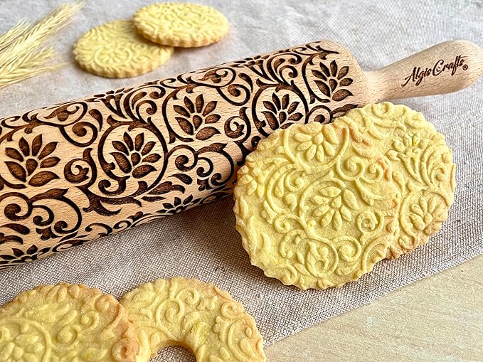 Embossing Rolling Pin FLOWERING VINE. Laser Engraved Dough Roller with Climbing Flowers Pattern for Embossed Cookies or Pottery by Algis Crafts
