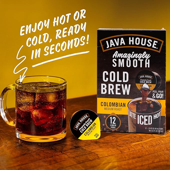 Java House Single-Serve Cold Brew Coffee Pods – Premium 100% Arabica Liquid Concentrate – Smooth & Bold Colombian Roast – 12 Pods – Ready Hot or Iced, Travel-Friendly, TSA Approved