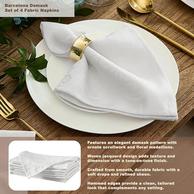 Newbridge Barcelona Luxury Damask Fabric Tablecloth, 70” x 70”, Square, White, 100% Polyester, No Iron, Soil Resistant Dining Room, Party and Banquet Table Cover