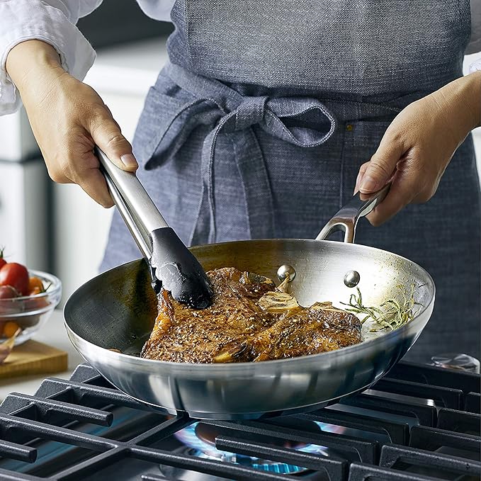 KitchenAid 3-Ply Base Brushed Stainless Steel Induction Pots and Pans Set with Nonstick Round Grill Pan and Lids, Dishwasher Safe, 10 Piece Cookware Set, Brushed Stainless Steel