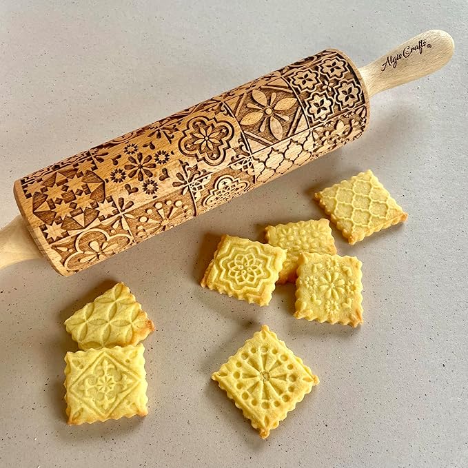 PORTUGUESE TILES Embossed Rolling Pin for Ceramic. Clay Roller and Ceramic Stamp for Embossing Pottery. Baking Gifts for Women by Algis Crafts for Embossed Cookies
