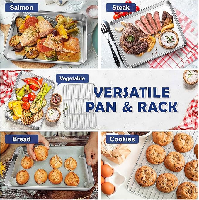 12.5 Inch Baking Sheet Pan with Rack Set, Joyfair Stainless Steel Toaster Oven Pans Tray & Cooling Racks for Cookie/Jelly Roll/Bacon/Meat, Commercial Metal & Rust-free, Dishwasher Safe