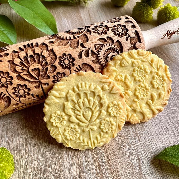 Rolling pin FOLK. Wooden embossing rolling pin with Oriental flowers. Embossed cookies. Pottery. Birthday gift. Gift for mother