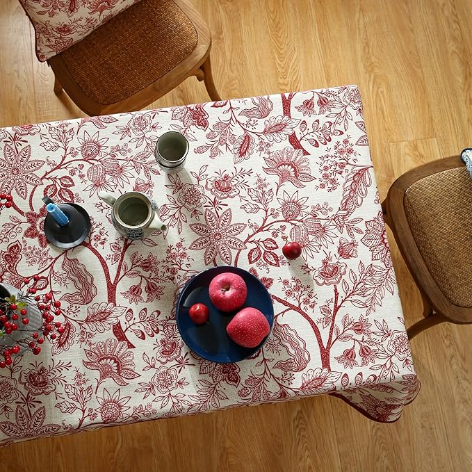 ISAENNE Designer French Linen Extra Long Rectangle Tablecloth,Red Floral Washable Indoor Table Cloth,Durable Home Decor Tablecloths for Dining Thanksgiving Kitchen Party,63"*110"-Ruyi A
