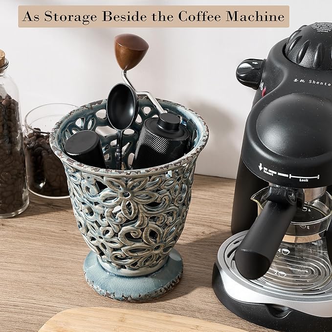 Utensil Holder for Kitchen Counter, Modern Farmhouse Cooking Utensil Holder and Crock Home Kitchen Decor, Ceramic Utensil Organizer for Spatula, Ladle, Eggbeater, Rolling Pin- Grayish Blue, Crackled