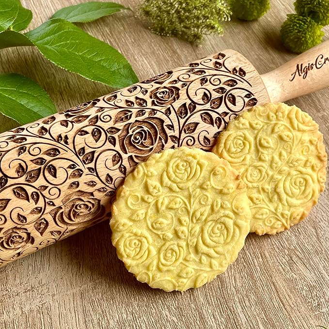 Rolling pin Damascus Roses Wooden embossing rolling pin with Rose Dough roller for embossed cookies Gift for Mom friend Cookies decoration