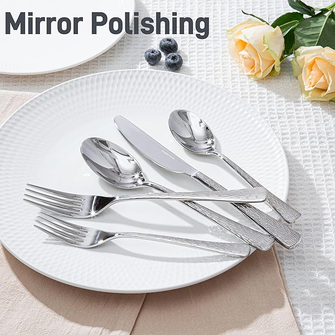 KINGSTONE Hammered Silverware Set, Flatware Set, 18/10 Stainless Steel Premium Cutlery with Unique Ripple Handles Design Mirror Polished - Dishwasher Safe (60-Piece)