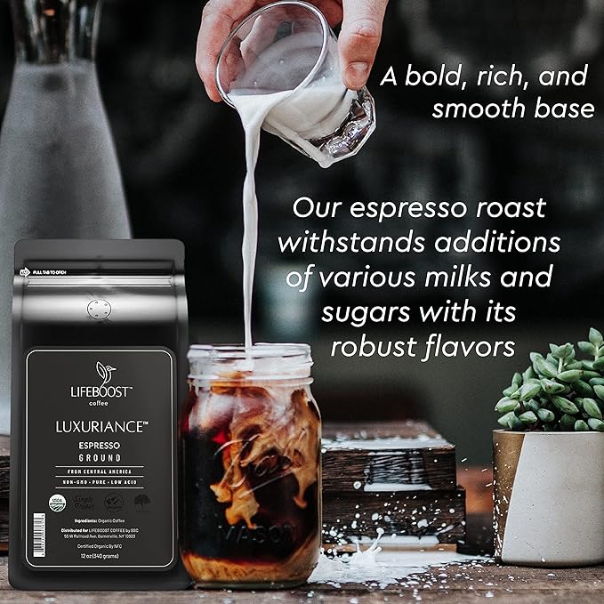 Lifeboost Organic Espresso Ground Coffee - Non-GMO Low Acid Single Origin USDA Shade Grown Organic Espresso Coffee - Third Party Tested For Mycotoxins & Pesticides 12oz Bag