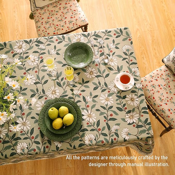 ISAENNE Designer Green Linen Table Cloth Rectangle,Floral French Country Indoor Tablecloth,Stain Resistant Home Decor Tablecloths for Dining Kitchen Thanksgiving Party,55"*79"-Brune