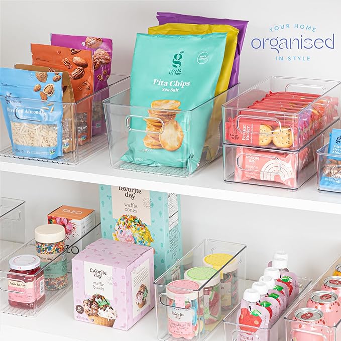 Plastic Food Storage 2 Pack Clear Container Bin with Handles for Organizing Kitchen, Pantry, Refrigerator, Freezer, Pantry, Cabinet, Closet, Bathroom. 10”x4”x5”