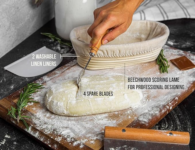 Kook Banneton Bread Proofing Set, Artisan Sourdough Bread Making Kit, 9.8 Inch Rattan Baskets and Liners, Metal & Plastic, Scrapers, Scoring Lame & Case, 4 Extra Blades, Set of 2, Oval