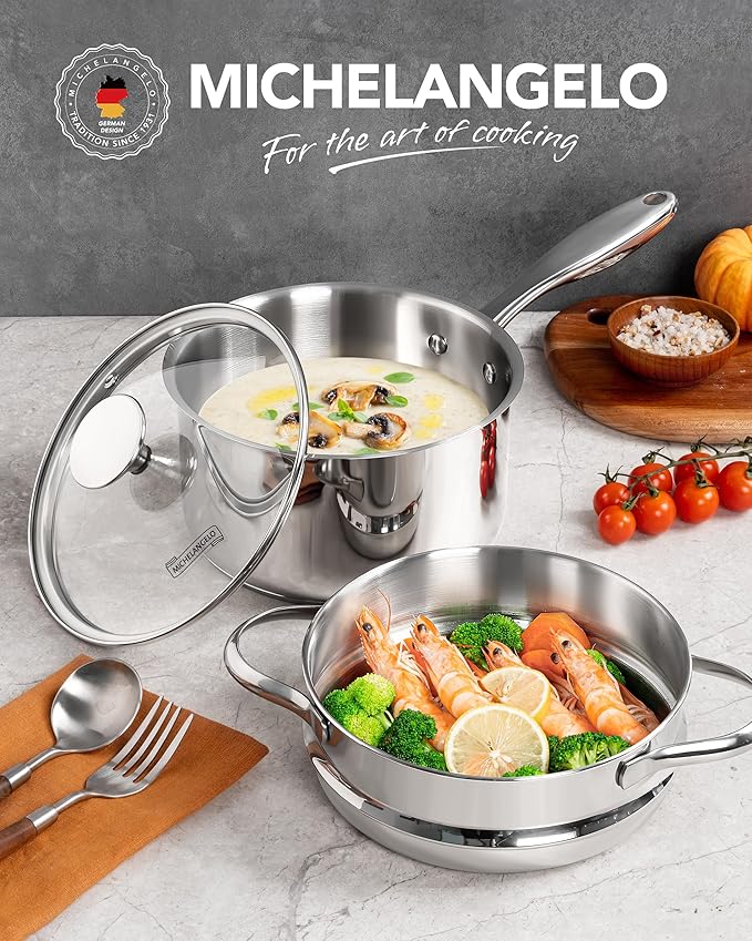 MICHELANGELO Stainless Steel Sauce Pan with Lid, 2.5 Quart Sauce Pan with Steamer Insert, Induction Saucepan, 2.5 Qt Stainless Steel Pot with Lid, Dishwasher & Oven Safe
