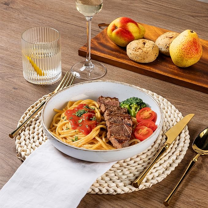 AmorArc Ceramic Dinnerware Sets with Pasta Bowls for 8, Handpainted Plates and Bowls Set with Rustic Terracotta Underside, Scratch Resistant Dishes Set, Dishwasher & Microwave Safe, 32 Pcs-White