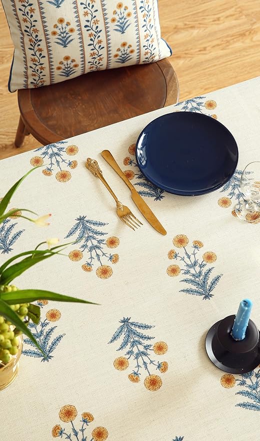 ISAENNE Designer French Pale Yellow Long Tablecloth Rectangle,Linen Floral Table Cloth,Wrinkle Resistant Decor Tablecloths for Dining Thanksgiving Banquet Kitchen Party,63"*94"-Estevan A