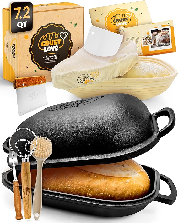 Cast Iron Bread-Pan with Lid - incl. Sourdough Bread Baking Supplies - like Banneton Bread-Proofing Basket - 7.2QT Bread-Oven Dutch, Oven for Bread-Baking Cast Iron Pan Scoring Tool Lame Kit