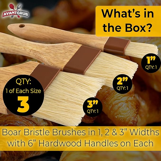 Durable, Hardwood 1, 2, 3in Boar Bristle Pastry Brush Set. Grill and Kitchen Flat Brushes for Basting Meat, Spreading Butter, BBQ Sauce or Marinades. Chef Quality Cooking, Baking or Grilling Tools