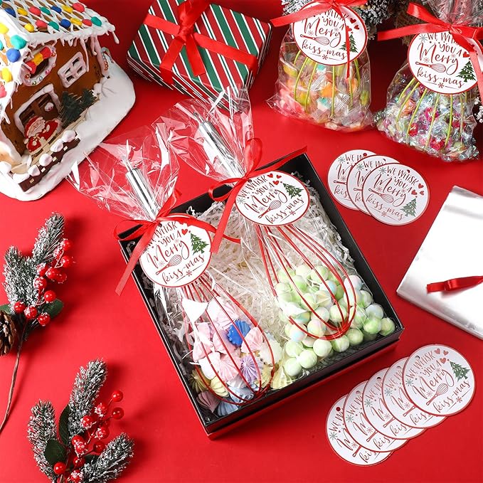 12 Sets 10 Inch Christmas Whisks Gifts DIY Fillable Christmas Tree Ornaments Xmas Colored Silicone Whisks for Cooking Heat Resistant Egg Beaters with Card Rope Bag for Candy Holder