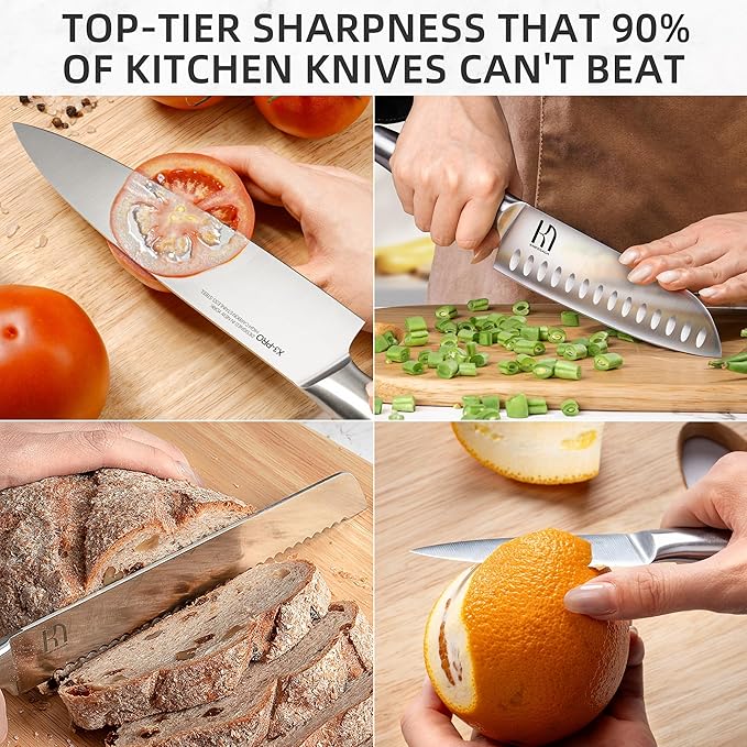 Knife Set Premium, Japanese High Carbon Stainless Steel 14 Pcs Kitchen Knives Block Set with Built-in Sharpener and Wood Block, Razor Sharp Knife Sets for Kitchen with Ergonomic Handle