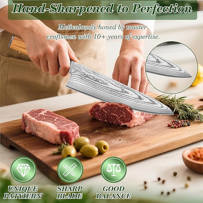 Damascus Chef Knife, 8 Inch Damascus Japanese Chef's Knife with VG10 High Carbon Steel, Professional Kitchen Knife with Olive Wood Handle & Gift Box, Sharp Cooking Knives for Home Kitchen Gift Idea