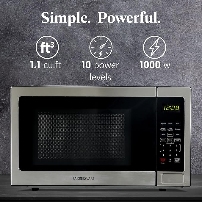 Farberware 1.1 Cu. Ft. Countertop Microwave Oven – 1000 Watts Power, Auto Cook Settings, Defrost, Easy Clean and Child Safety Lock-Stainless, Stainless Steel