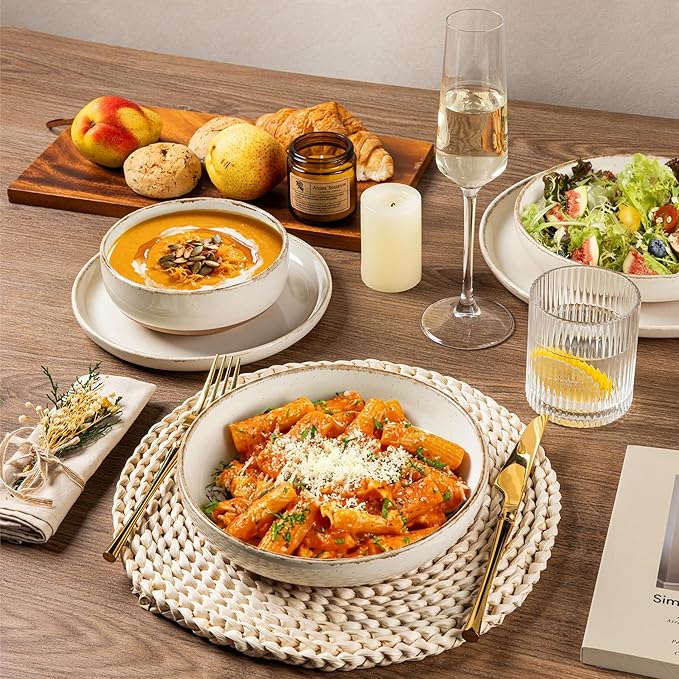AmorArc Ceramic Dinnerware Sets for 4, 12 Pieces Handpainted Plates and Bowls Set with Rustic Terracotta Underside, Scratch Resistant Stoneware Dishes Set, Dishwasher & Microwave Safe, Beige