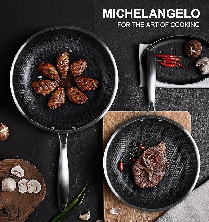 MICHELNAGELO Nonstick Frying Pans Set, Stainless Steel Frying Pan with Lid, 10 & 12 Inch Stainless Steel Pans with Honeycomb Coating, Large Frying Pan, Nonstick Skillet Induction Compatible