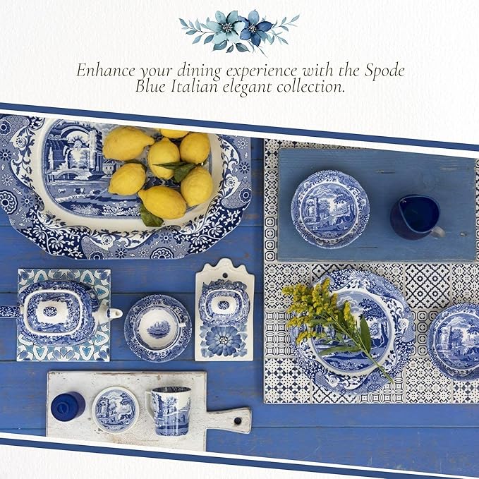 Spode Blue Italian 9.5-Inch Serving Bowl - Elegant Porcelain Tableware for Vegetables, Main Dishes, Entrees, Sides, Salads - Mix & Match Blue Patterned Rim with Dinnerware Sets, Great for Hosting