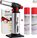 Jo Chef Kitchen Torch with Butane Included – Refillable Lighter with Safety Lock & Adjustable Flame, Blow Culinary Torch for Cooking, BBQ, Creme Brulee, DIY and Soldering - 2 Cans (5.07oz) Included