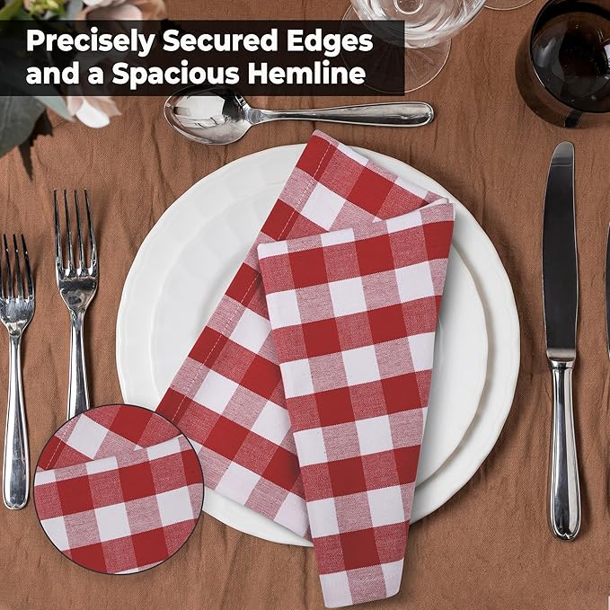 Urban Villa Cloth Dinner Napkins Set of 12 100% Cotton Red White Checks Highly Absorbent Washable Reusable Durable Ideal for Home Farmhouse Party Wedding Everyday Use