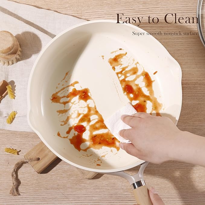 CAROTE 10" Ceramic Frying Pan with Lid, Non Stick Frying Pan Skillet Chef's Pan, Healthy & PFOA/PFAS Free, Induction-Compatible, Taupe