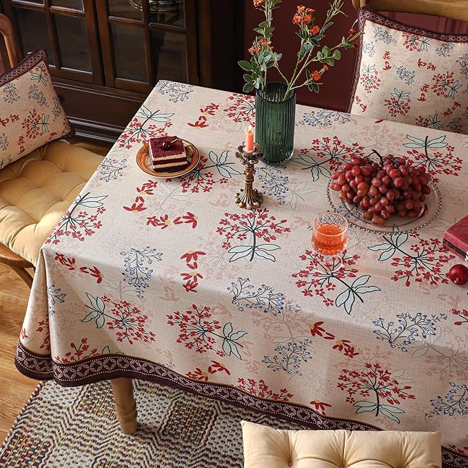 patdrea Designer French Linen Long Rectangle Tablecloth for Rectangle Table,Vintage Red Floral Tablecloths,Table Cover for Kitchen Dining,Tea Party,Christmas,Thanksgiving,Holiday,55"x79"-Newmari