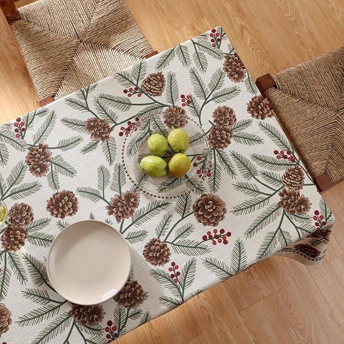 ISAENNE Designer Christmas Beige Linen Table Cloth for Rectangle Table,Pinecones Pattern Indoor Tablecloths,Washable Decor Tablecloth for Dining Thanksgiving Kitchen Christmas,55"*79"-Carol B