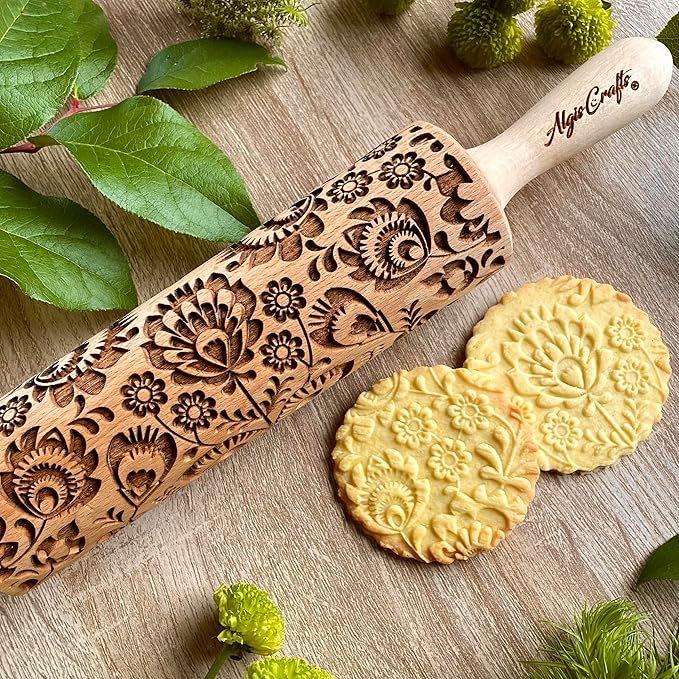 Rolling pin FOLK. Wooden embossing rolling pin with Oriental flowers. Embossed cookies. Pottery. Birthday gift. Gift for mother