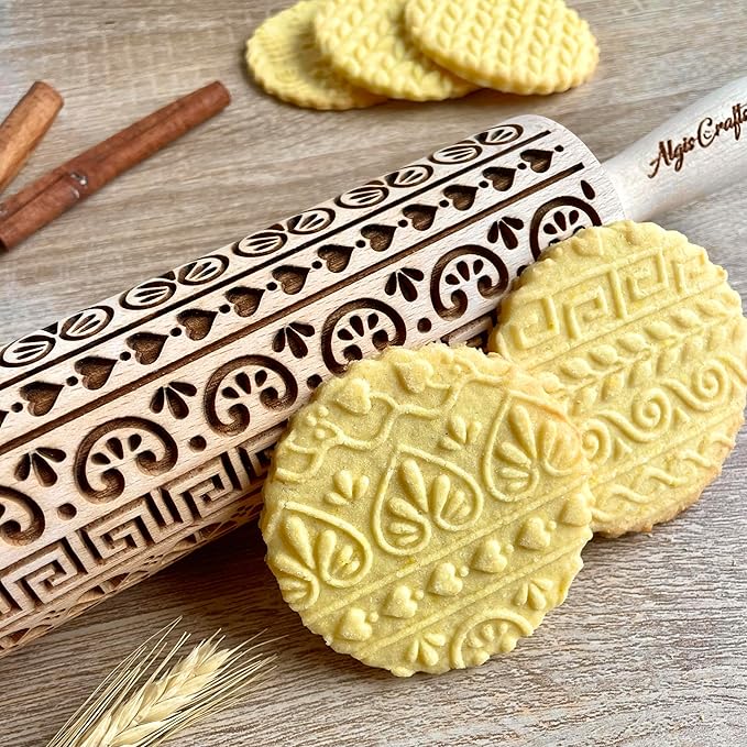 GREEK Embossing Rolling Pin. Laser Engraved Dough Roller with Cgreek Pattern for Embossed Cookies or Pottery by Algis Crafts