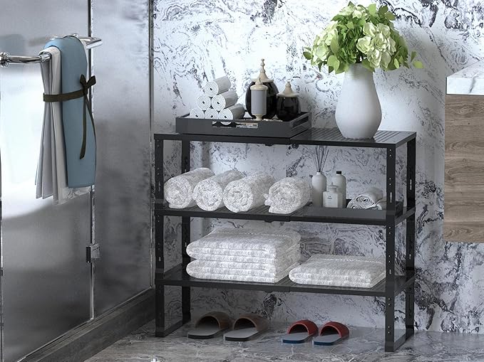 Adjustable Expanable Stackable Spice Rack Shelf Pantry Storage Organizer for Kitchen Cabinet,Countertop,Bathroom and More.Space is no Longer Limited(1Pack/Black/Large)