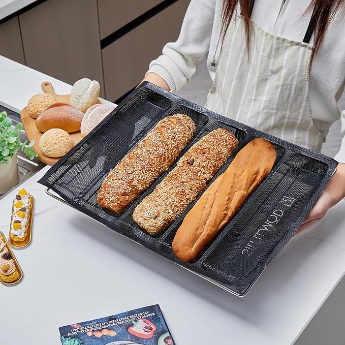SIFLEMOD Silicone Baguette Mold - Non-stick Fench Bread Flexi Mesh Pan, Perforated Sandwich Baking Liners, Silicone Bread Baking Forms (5 Loaf, Black)