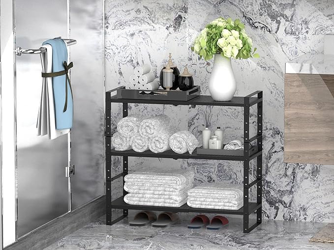 Expandable Stackable Aadjustable Shoe Rack Pantry Shelf for Kitchen Cabinets Counter Shelves Countertop Cupboard Storage Solution,Sturdy Heavy-Duty Metal Construction(3Packs/Black/Large)