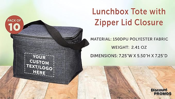 Custom Insulated Cooler Lunch Bag Set of 10, Personalized Bulk Pack - Perfect for Work, Travel, Outdoor Events - Black