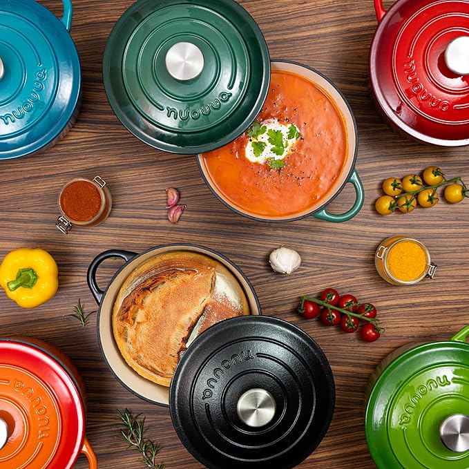 Cast Iron Dutch Oven with Lid – Non-Stick Ovenproof Enamelled Casserole Pot – Sturdy Dutch Oven Cookware – Red, 7.3-Quart, 30cm – by Nuovva