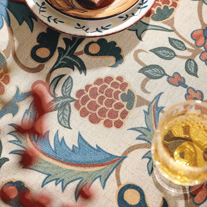 patdrea Designer Vintage Linen Extra Long Tablecloth for Rectangle Table,French Soft Floral Tablecloths,Colorful Table Cover for Kitchen Dining,Parties,Christmas,Thanksgiving,Party,63"x110"-Puno