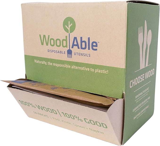Disposable Wooden Cutlery Set - 100% Home Compostable - Wooden Utensils, Eco-Friendly, Organic, Sustainable and Carbon Neutral Certified - Fork, Knife, Spoon & Napkin - 150