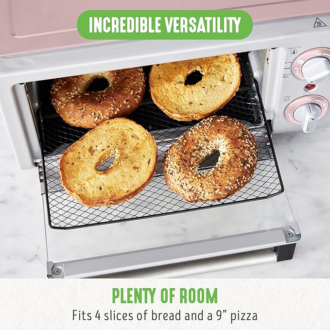 GreenLife Countertop Toaster Oven Air Fryer Stainless Steel, Healthy Ceramic Nonstick, PFAS Free, Tray & Basket, Bake, Broil, Reheat, Adjustable Temp & Time Control, Auto Shutoff, Pink