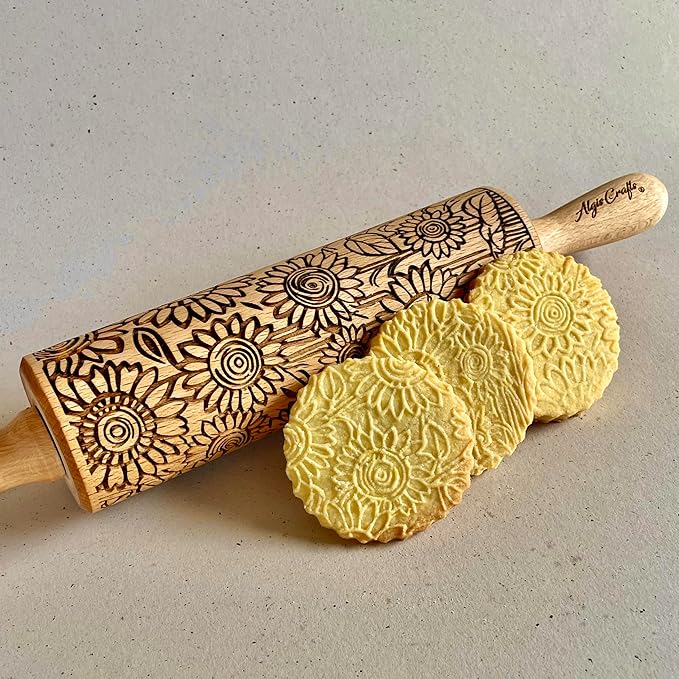 Embossed Rolling Pin for Ceramic SUNFLOWER FIELD. Clay Roller and Ceramic Stamp for Embossing Pottery. Baking Gifts for Women by Algis Crafts for Embossed Cookies