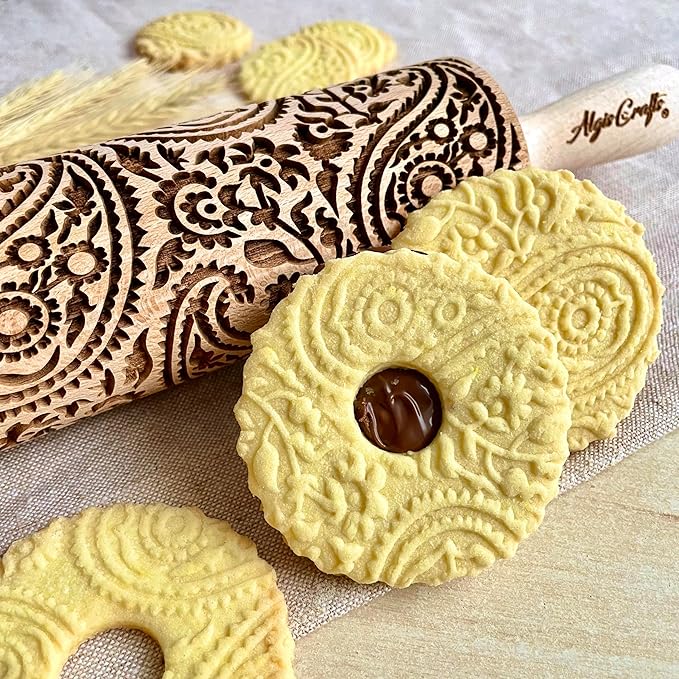 PAISLEY Embossing Rolling Pin with Oriental Pattern. Dough Roller for Embossed Cookies and Pottery by Algis Crafts