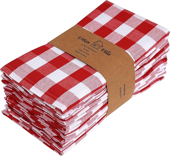 Urban Villa Cloth Dinner Napkins Set of 12 100% Cotton Red White Checks Highly Absorbent Washable Reusable Durable Ideal for Home Farmhouse Party Wedding Everyday Use