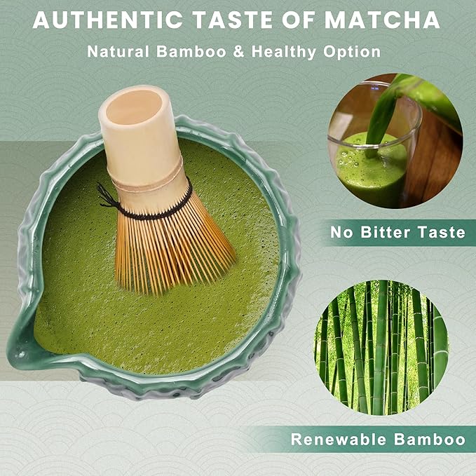 Matcha Whisk Set, Cactus Dark Green Ceramic Matcha Set Includes Matcha Bowl, Matcha Whisk (Chasen) and Holder, Sifter, Bamboo Scoop & Spoon - 6 Pcs Matcha Kit for Matcha Lovers